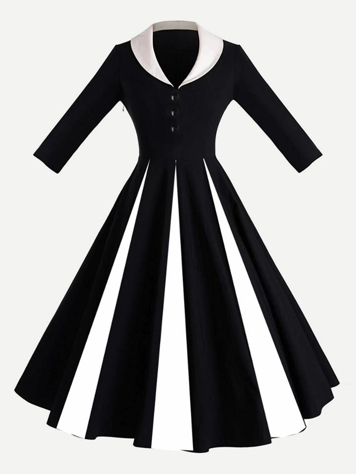 Shein Contrast Panel Shawl Collar Fit & Flare Dress