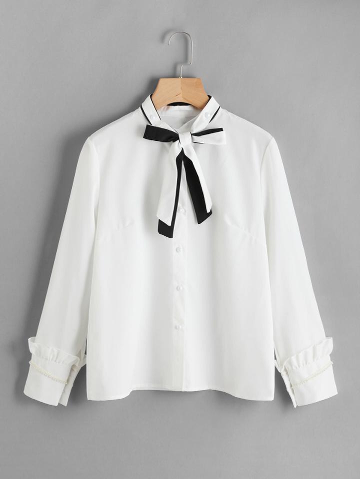 Shein Self Tie Neck Frill Trim Blouse