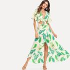Shein Knot Front Open Midriff Wrap Tropical Dress