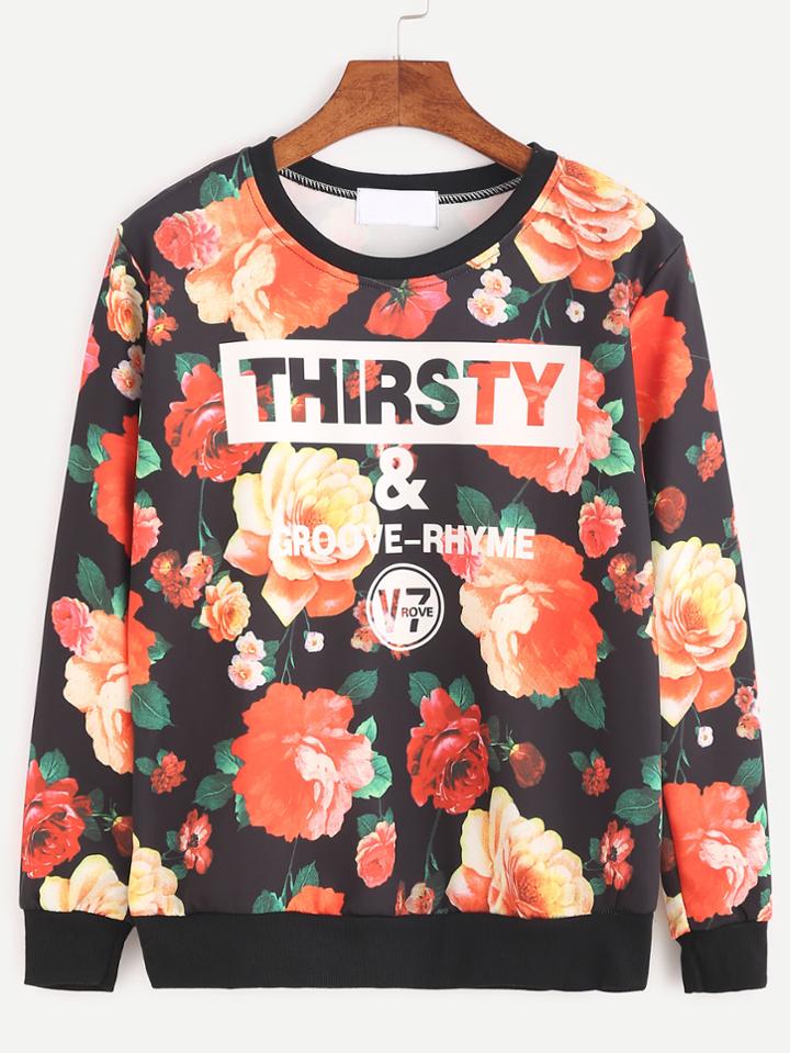 Shein Floral And Letter Print Sweatshirt