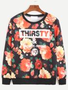 Shein Floral And Letter Print Sweatshirt