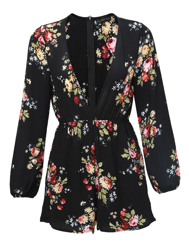 Shein Black V Neck Floral Jumpsuit