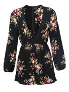 Shein Black V Neck Floral Jumpsuit