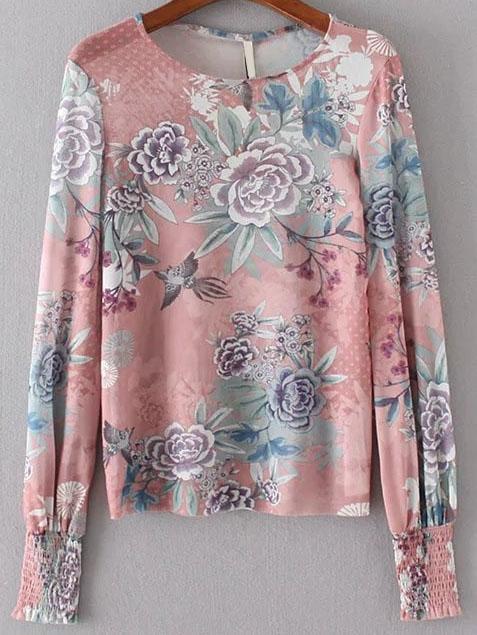 Shein Pink Flower Print Shirred Cuff Blouse