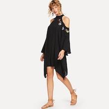 Shein Open Shoulder Embroidery Hanky Hem Dress