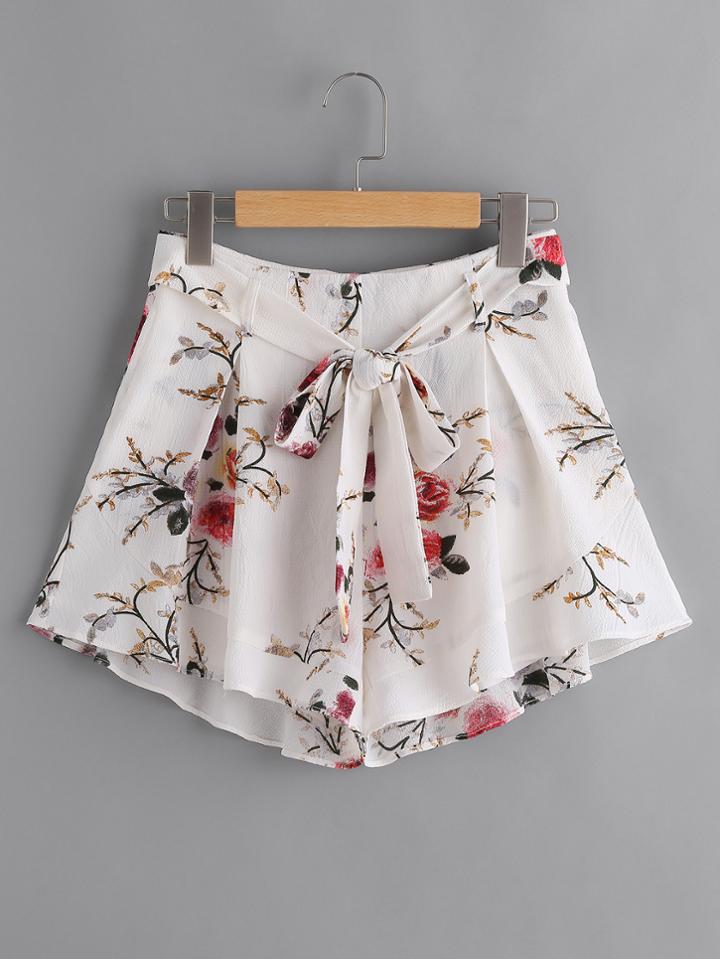 Shein Self Belt Pleated Wide Leg Floral Shorts