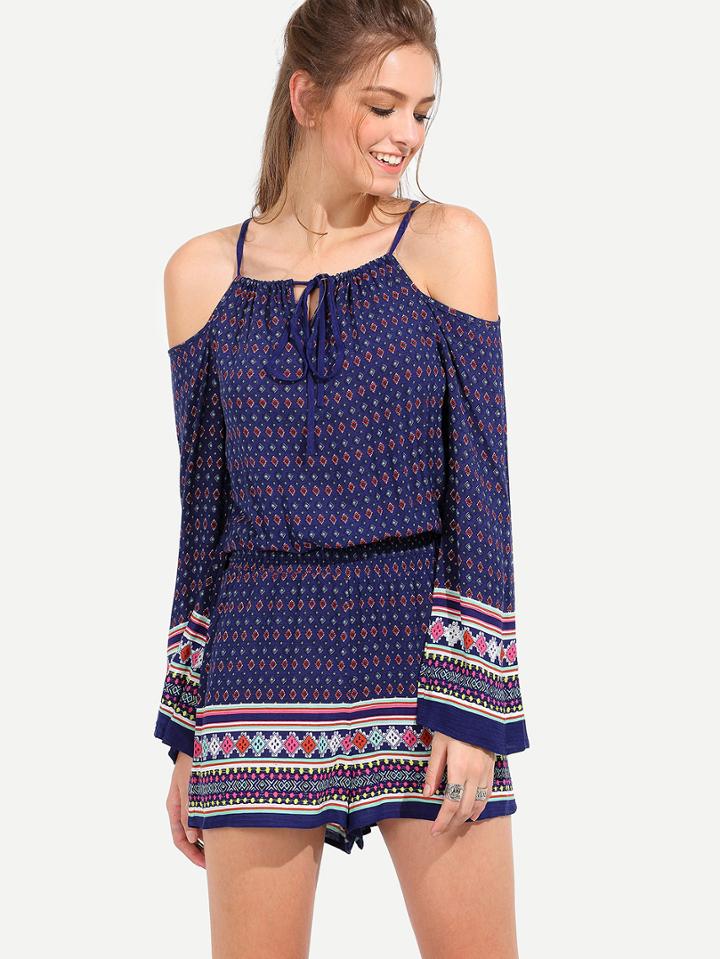 Shein Navy Vintage Print Spaghetti Strap Tie Jumpsuit