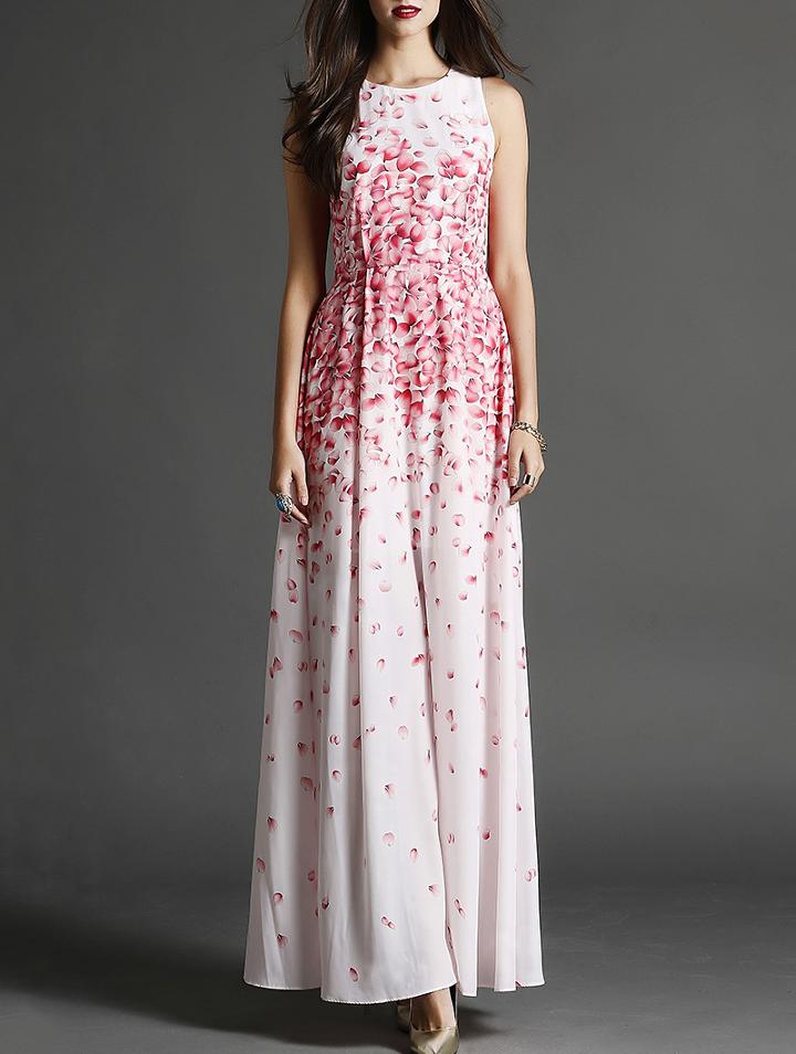 Shein Red Round Neck Sleeveless Floral Print Maxi Dress