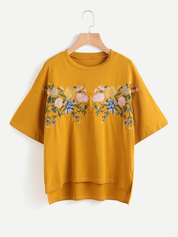 Shein Embroidered Drop Shoulder Slit Side High Low Tee