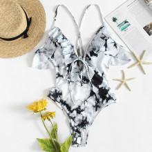 Shein Marble Pattern Ruffle Swimsuit