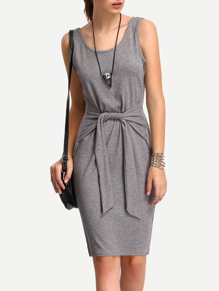 Shein Grey Self-tie Scoop Neck Pencil Dress