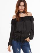 Shein Black Eyelash Lace Trim Off The Shoulder Peplum Top