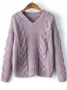 Shein Purple Cable Knit V Neck Drop Shoulder Sweater