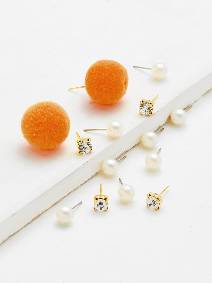Shein Pom Pom & Faux Pearl Stud Earrings 14pcs