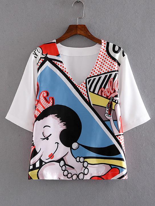 Shein White V Neck Cartoon Printed Blouse