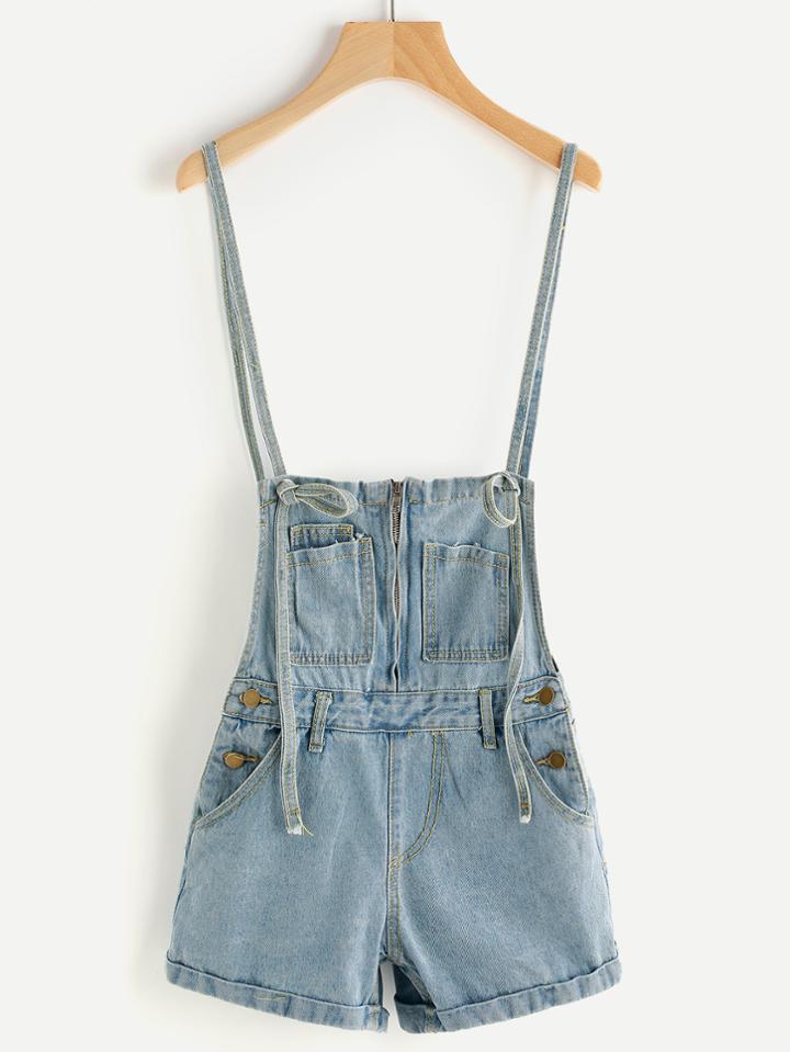 Shein Zipper Front Adjustable Strap Bleached Denim Overall Shorts