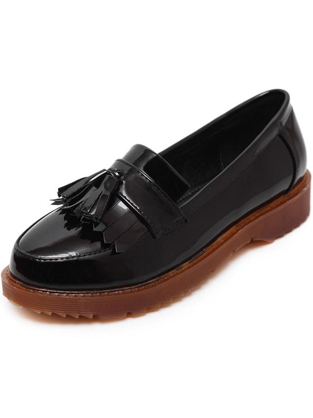 Shein Black Round Toe Patent Leather Tassel Flats