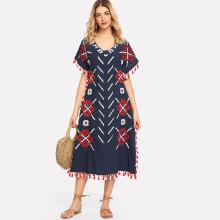 Shein Fringe Trim Geo Embroidered Dress