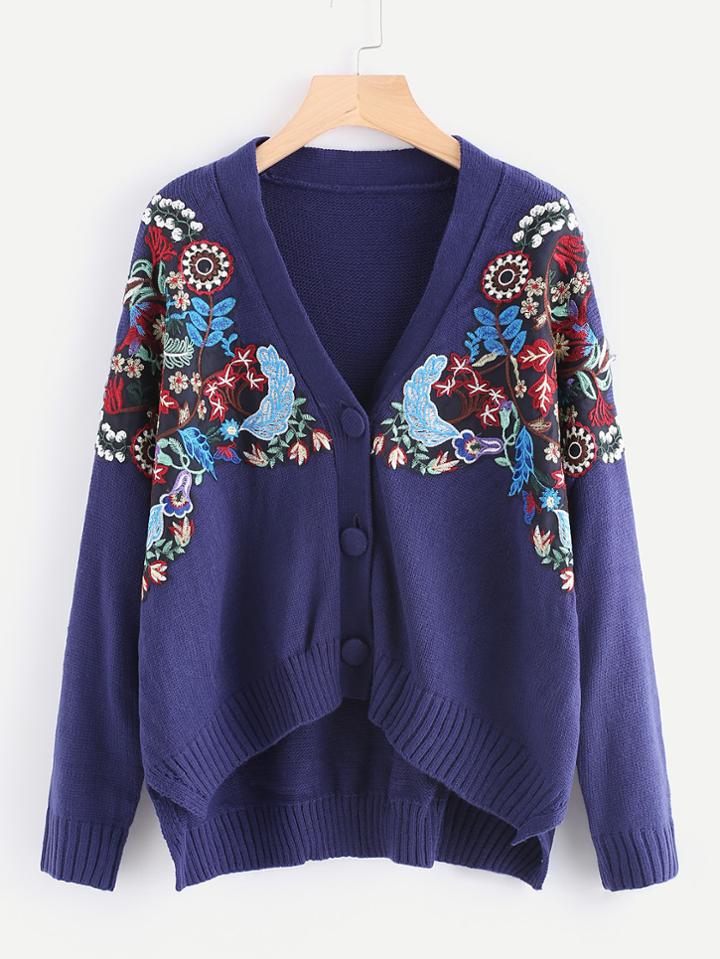 Shein Embroidered Patch Slit Side Cardigan