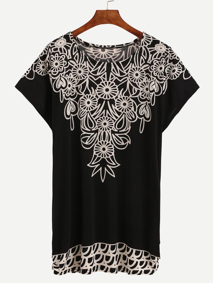 Shein Flower Print Loose-fit Dress - Black