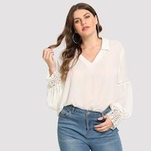 Shein Plus V Neck Mesh Cuff Blouse
