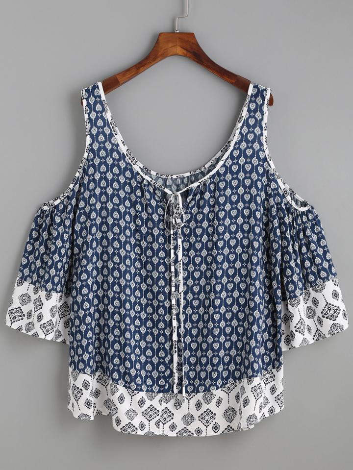 Shein Navy Ornate Print Contrast Trim Cold Shoulder Top