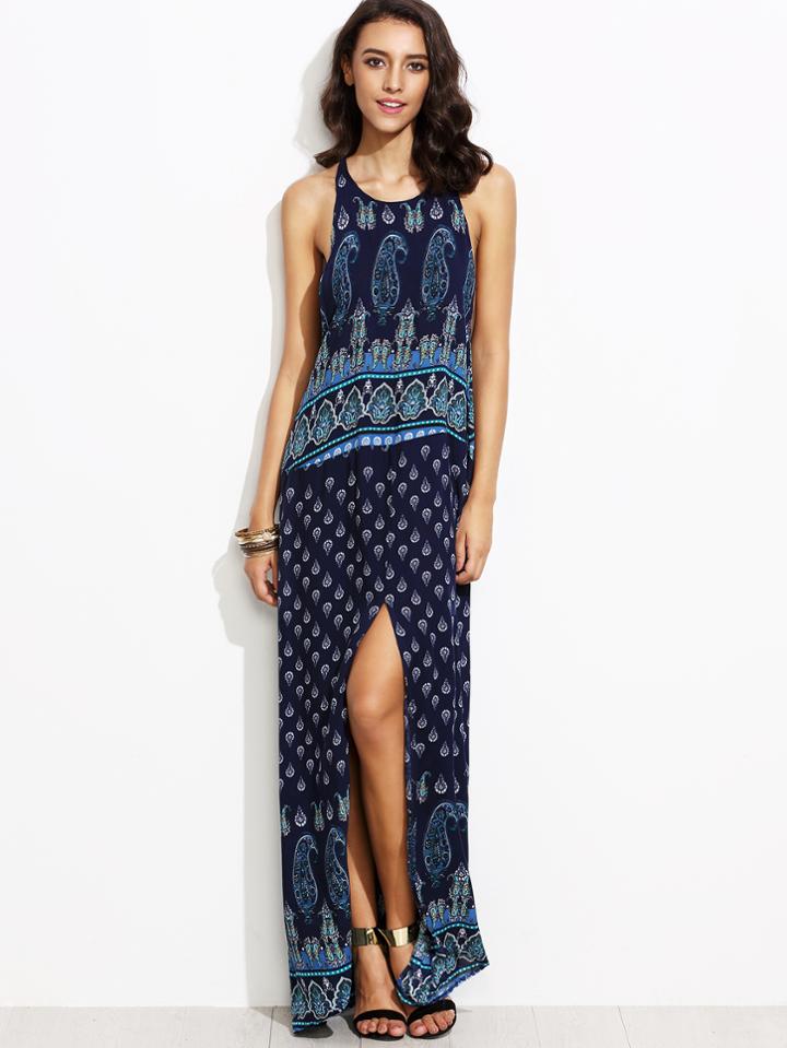 Shein Navy Paisley Print Open Back Slit Front Dress