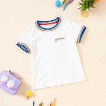 Shein Girls Letter Embroidered Striped Trim Tee
