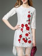 Shein White Applique Pouf Fringe Lace Dress