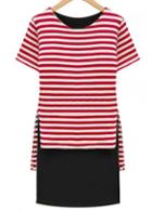 Rosewe Red Stripes Paned Black Short Sleeve Mini Dress