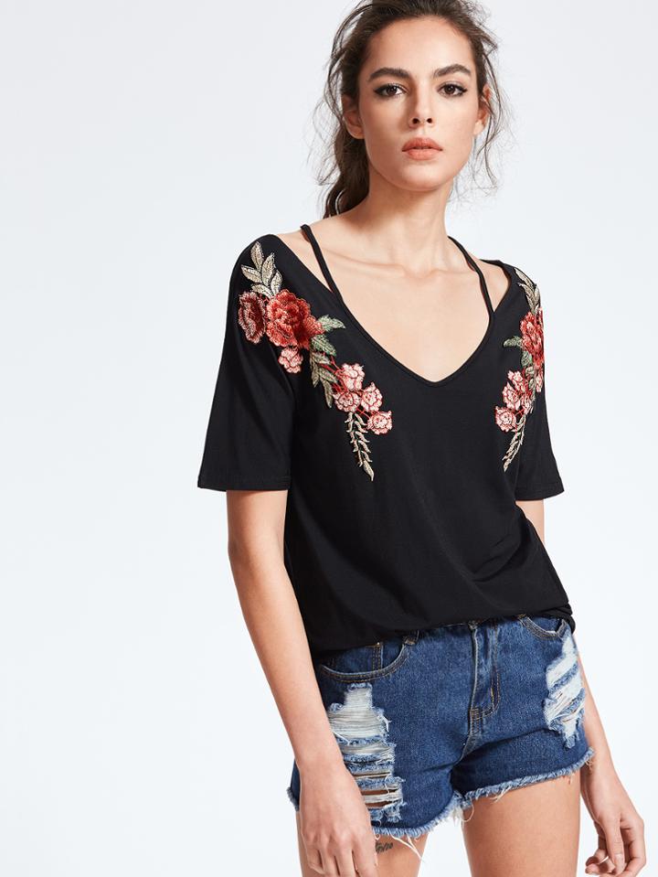 Shein Black Rose Patch Strappy V Neck T-shirt