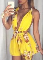 Rosewe Deep V Neck Printed Yellow Romper
