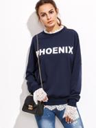 Shein Navy Letter Print Eyelash Lace Trim Sweatshirt