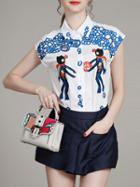 Shein White Lapel Embroidered Top With Pockets Shorts