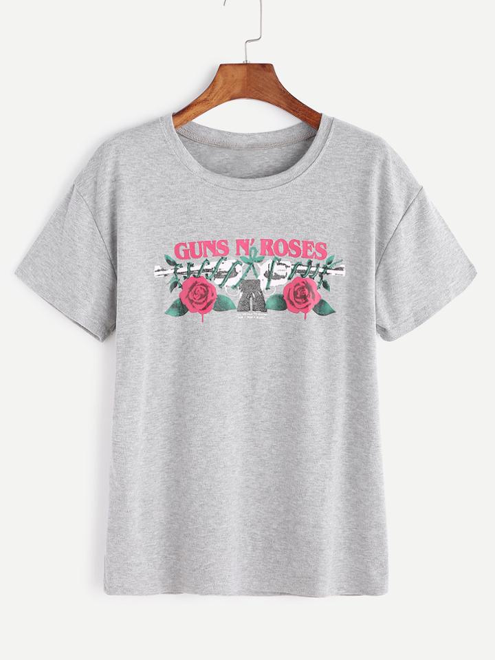 Shein Heather Grey Letter Print T-shirt