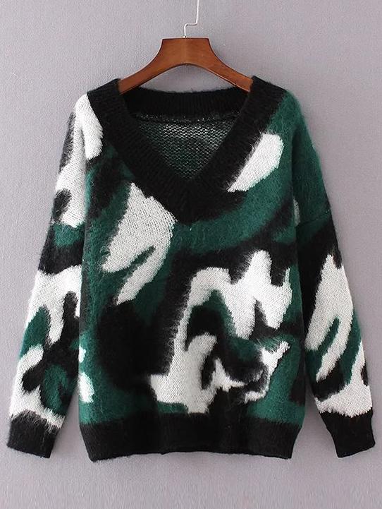 Shein Dark Green Leopard Print Drop Shoulder Sweater