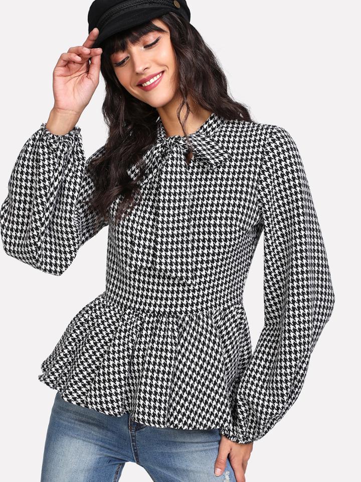 Shein Tie Neck Houndstooth Peplum Blouse