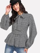 Shein Tie Neck Houndstooth Peplum Blouse
