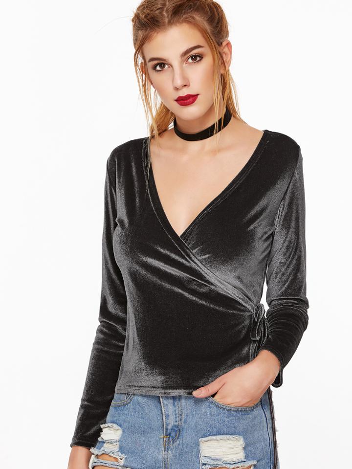 Shein Dark Grey V Neck Wrap Velvet T-shirt