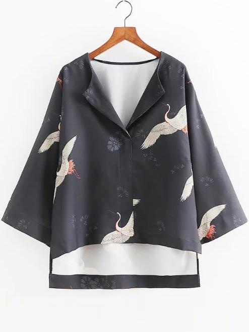 Shein Crane Print Loose High Low Blouse