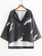 Shein Crane Print Loose High Low Blouse