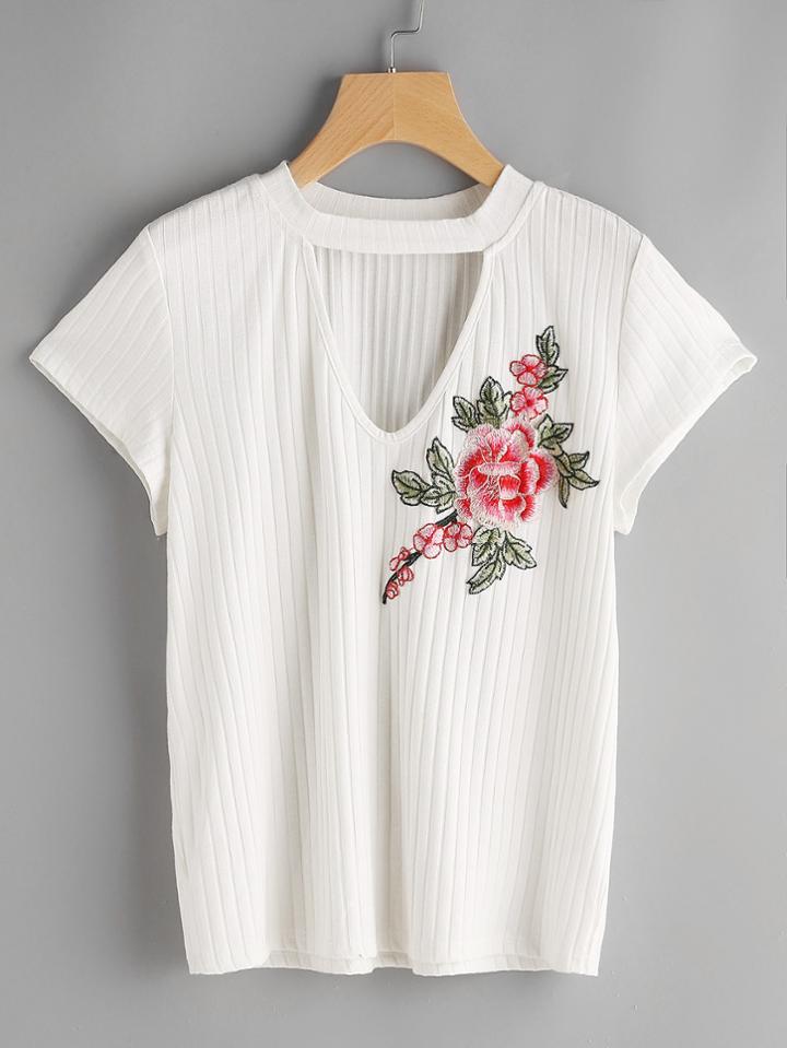 Shein Rib Knit Flower Applique Choker Neck Tee