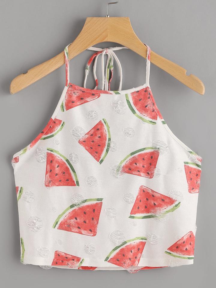 Shein Watermelon Print Frayed Dot Detail Halter Top