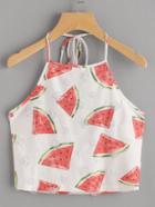 Shein Watermelon Print Frayed Dot Detail Halter Top