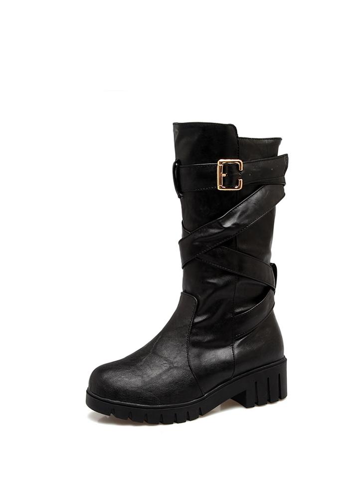 Shein Criss Cross Strap Detail Mid Calf Boots