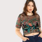 Shein Plus Buttoned Keyhole Botanical Embroidered Mesh Top