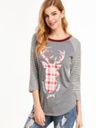 Shein Contrast Trim Deer Print Striped Raglan Sleeve T-shirt