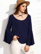 Shein Navy Cutout Back Bell Sleeve Blouse