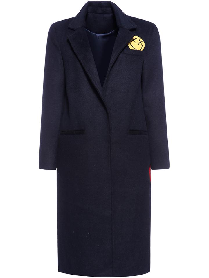 Shein Navy Lapel Applique Pouf Pockets Long Coat