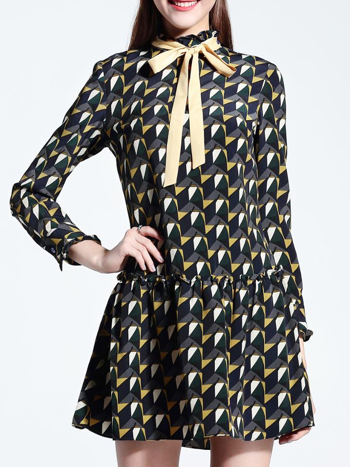 Shein Colorful Tie Neck Drop Waist Print Dress
